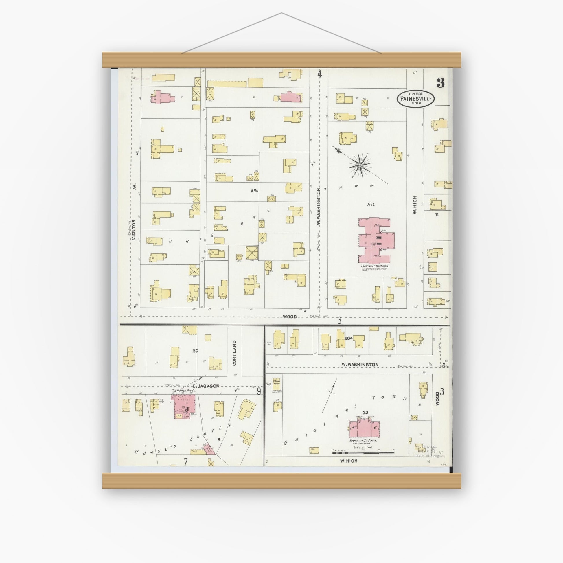 Old map wall art mockup — magnetic wood frame on white wall — Sanborn Fire Insurance Map from Painesville, Lake County, Ohio (1904), Sheet #0003