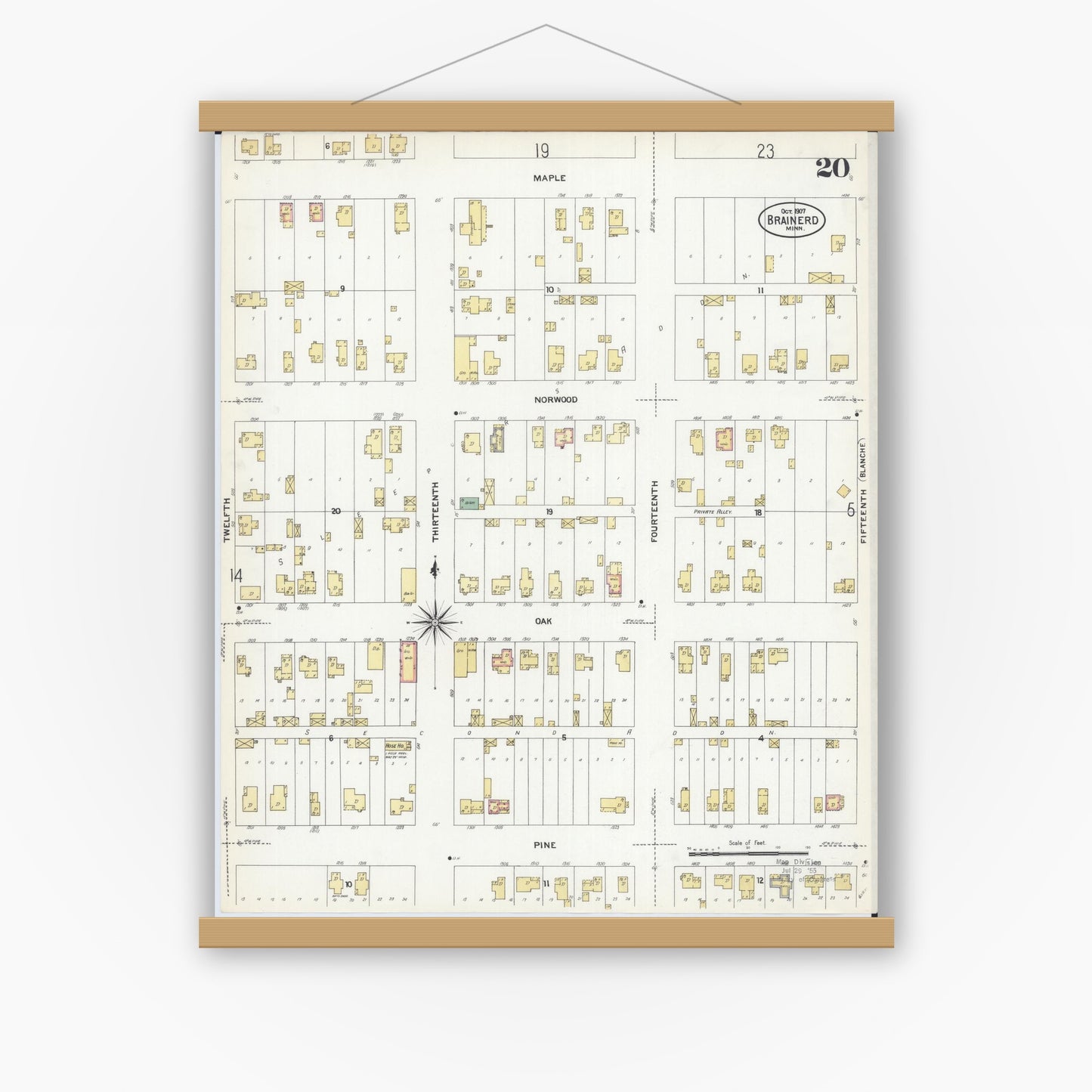 Old map wall art mockup — magnetic wood frame on white wall — Sanborn Fire Insurance Map from Brainerd, Crow Wing County, Minnesota (1907), Sheet #0020