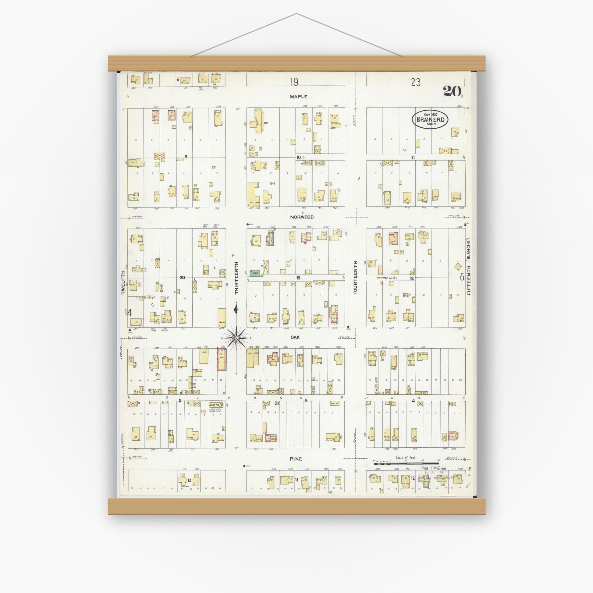 Old map wall art mockup — magnetic wood frame on white wall — Sanborn Fire Insurance Map from Brainerd, Crow Wing County, Minnesota (1907), Sheet #0020