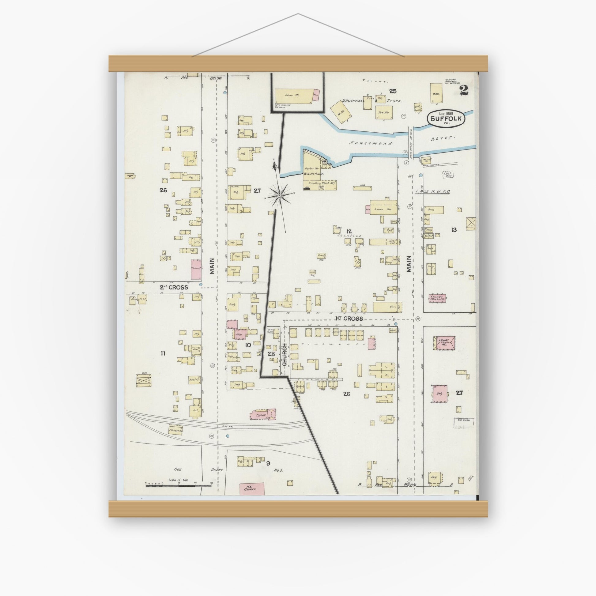 Old map wall art mockup — magnetic wood frame on white wall — Sanborn Fire Insurance Map from Suffolk, Independent Cities, Virginia (1889), Sheet #0002