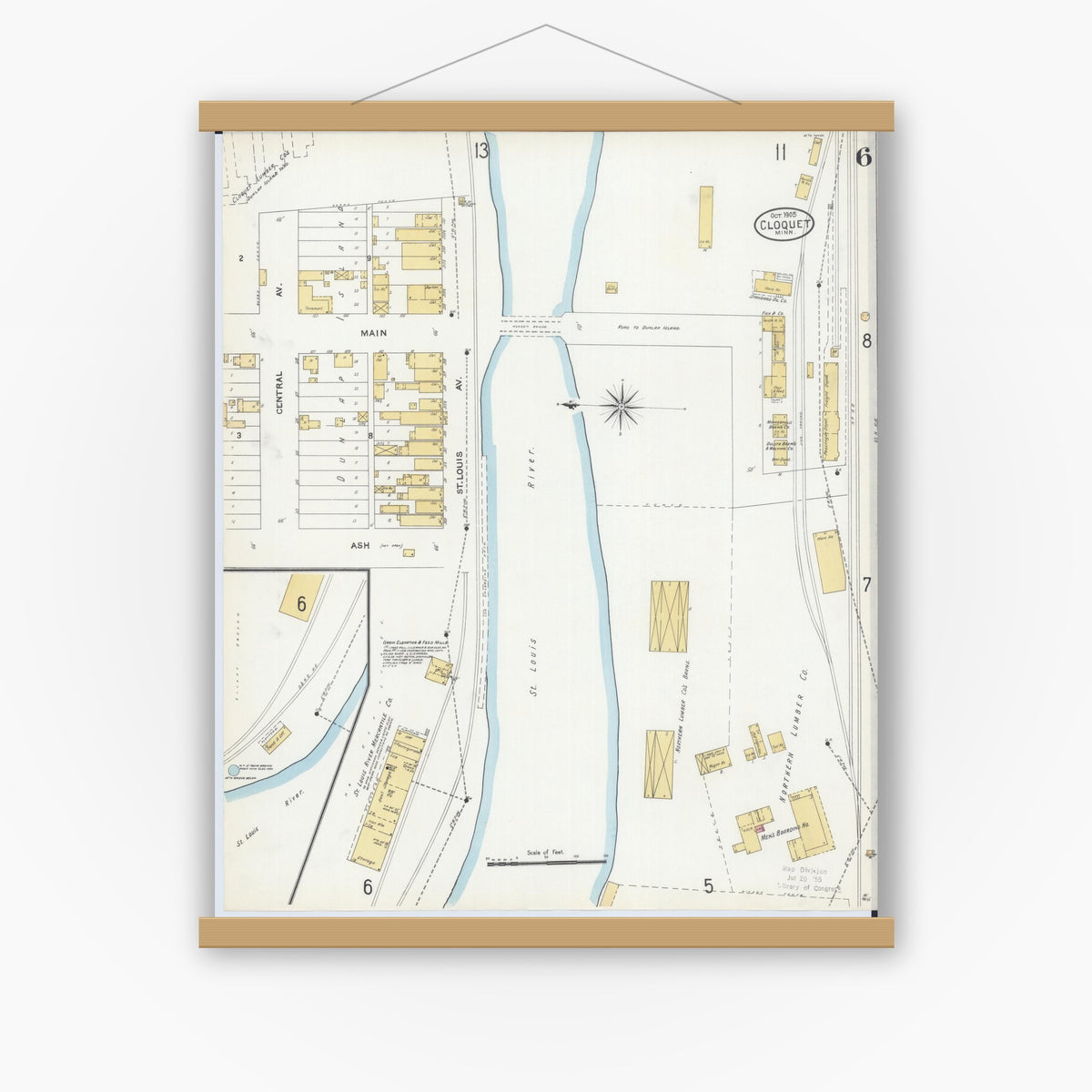 Old map wall art mockup — magnetic wood frame on white wall — Sanborn Fire Insurance Map from Cloquet, Carlton County, Minnesota (1905), Sheet #0006