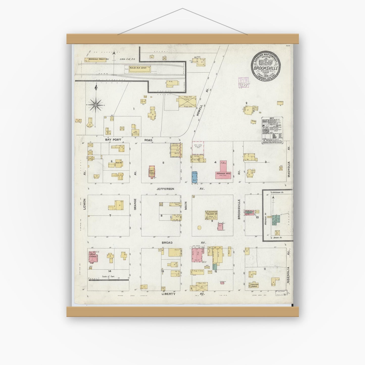 Old map wall art mockup — magnetic wood frame on white wall — Sanborn Fire Insurance Map from Brooksville, Hernando County, Florida (1906), Sheet #0001