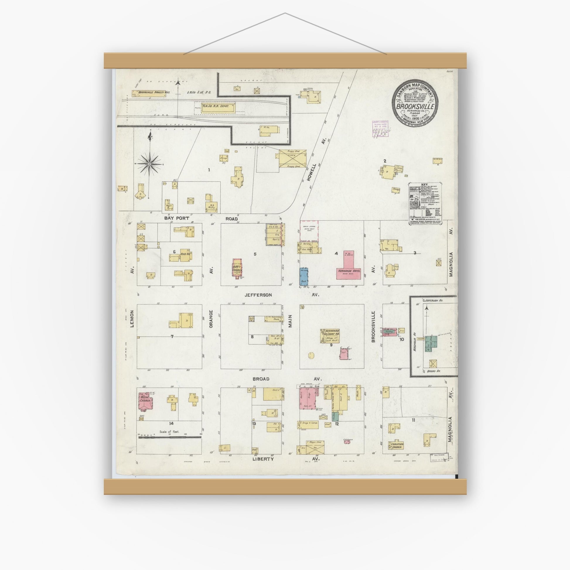 Old map wall art mockup — magnetic wood frame on white wall — Sanborn Fire Insurance Map from Brooksville, Hernando County, Florida (1906), Sheet #0001