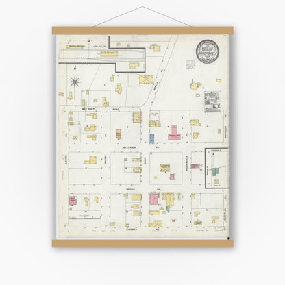 Old map wall art mockup — magnetic wood frame on white wall — Sanborn Fire Insurance Map from Brooksville, Hernando County, Florida (1906), Sheet #0001