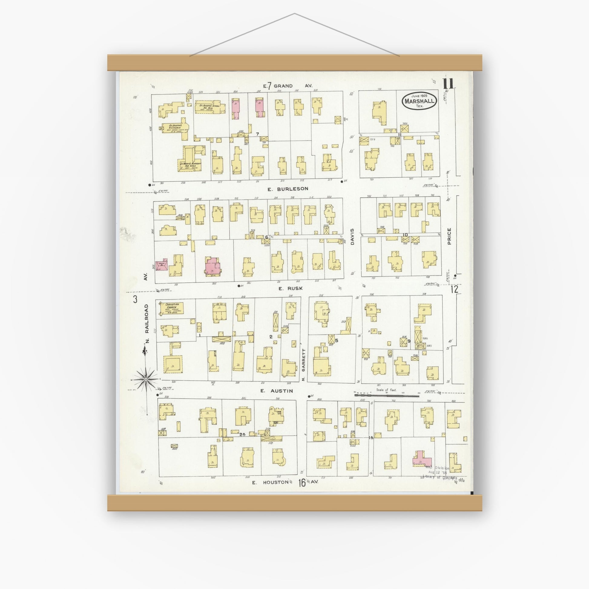Old map wall art mockup — magnetic wood frame on white wall — Sanborn Fire Insurance Map from Marshall, Harrison County, Texas (1909), Sheet #0011