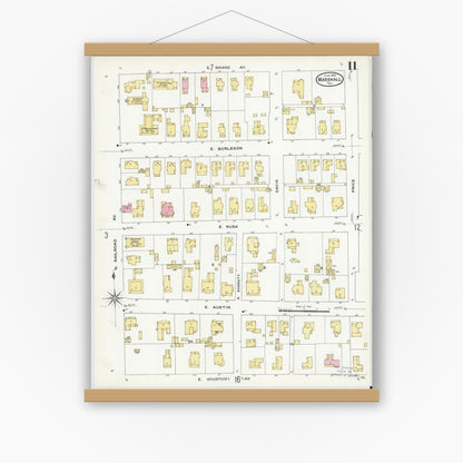 Old map wall art mockup — magnetic wood frame on white wall — Sanborn Fire Insurance Map from Marshall, Harrison County, Texas (1909), Sheet #0011
