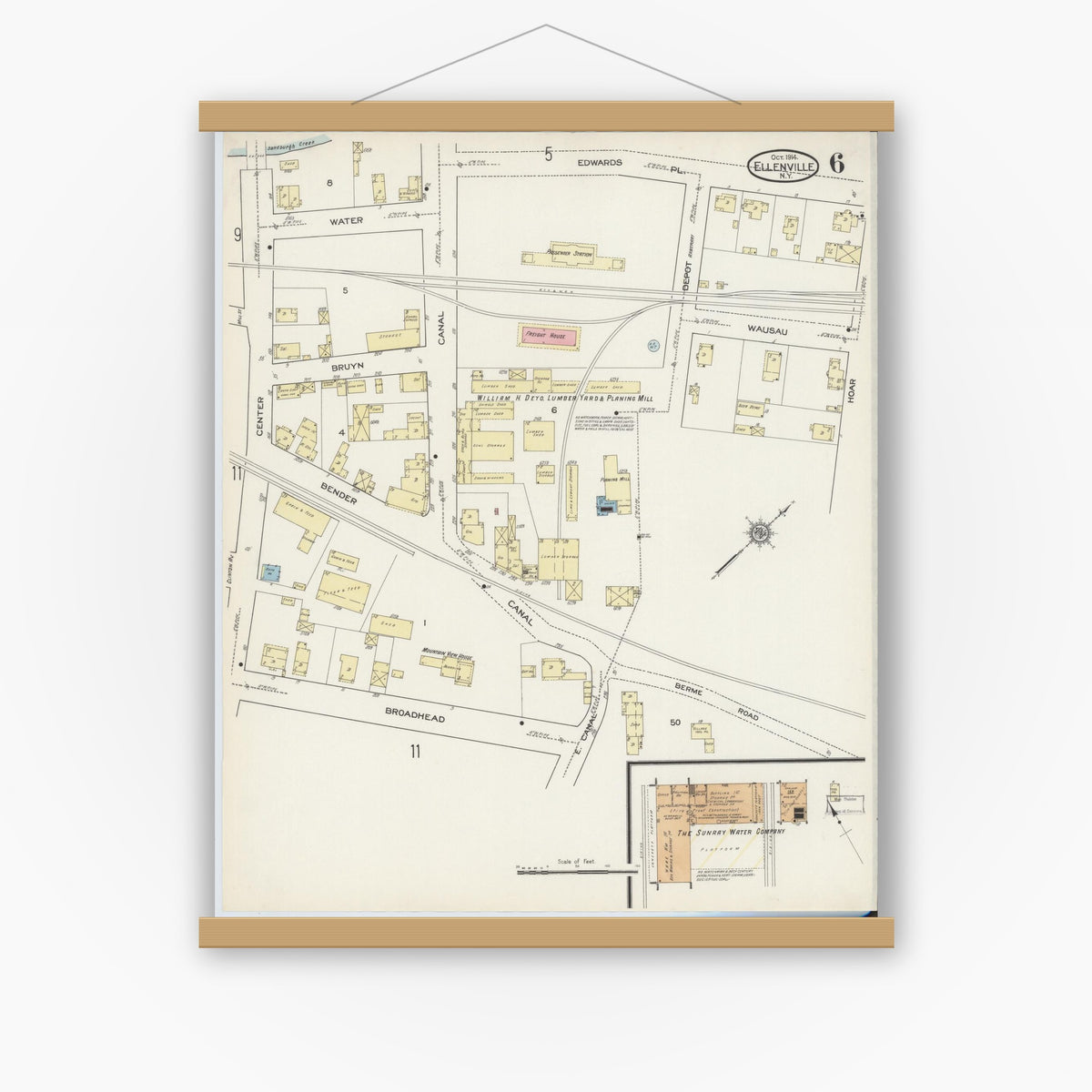 Old map wall art mockup — magnetic wood frame on white wall — Sanborn Fire Insurance Map from Ellenville, Ulster County, New York (1914), Sheet #0006