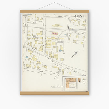 Old map wall art mockup — magnetic wood frame on white wall — Sanborn Fire Insurance Map from Ellenville, Ulster County, New York (1914), Sheet #0006