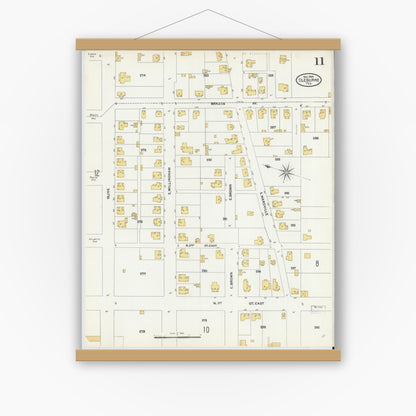 Old map wall art mockup — magnetic wood frame on white wall — Sanborn Fire Insurance Map from Cleburne, Johnson County, Texas (1904), Sheet #0011