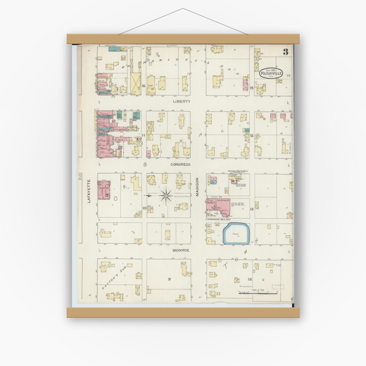 Old map wall art mockup — magnetic wood frame on white wall — Sanborn Fire Insurance Map from Rushville, Schuyler County, Illinois (1893), Sheet #0003