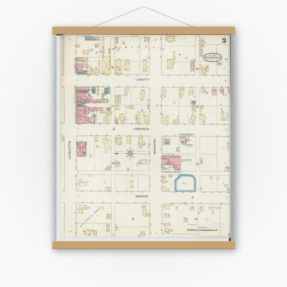 Old map wall art mockup — magnetic wood frame on white wall — Sanborn Fire Insurance Map from Rushville, Schuyler County, Illinois (1893), Sheet #0003