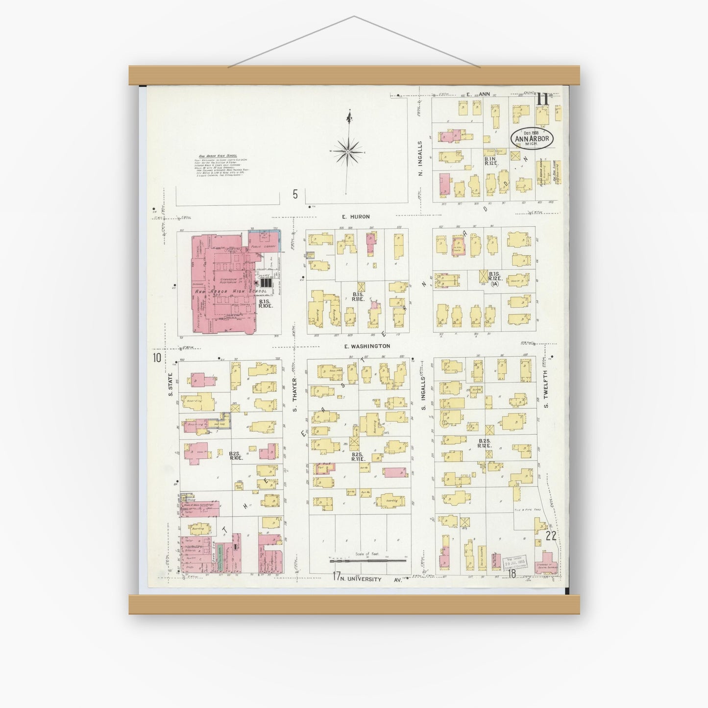 Old map wall art mockup — magnetic wood frame on white wall — Sanborn Fire Insurance Map from Ann Arbor, Washtenaw County, Michigan (1908), Sheet #0011