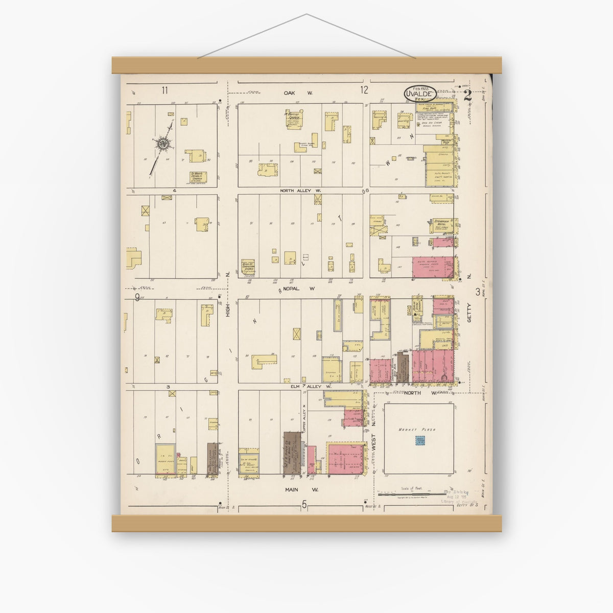 Old map wall art mockup — magnetic wood frame on white wall — Sanborn Fire Insurance Map from Uvalde, Uvalde County, Texas (1922), Sheet #0002