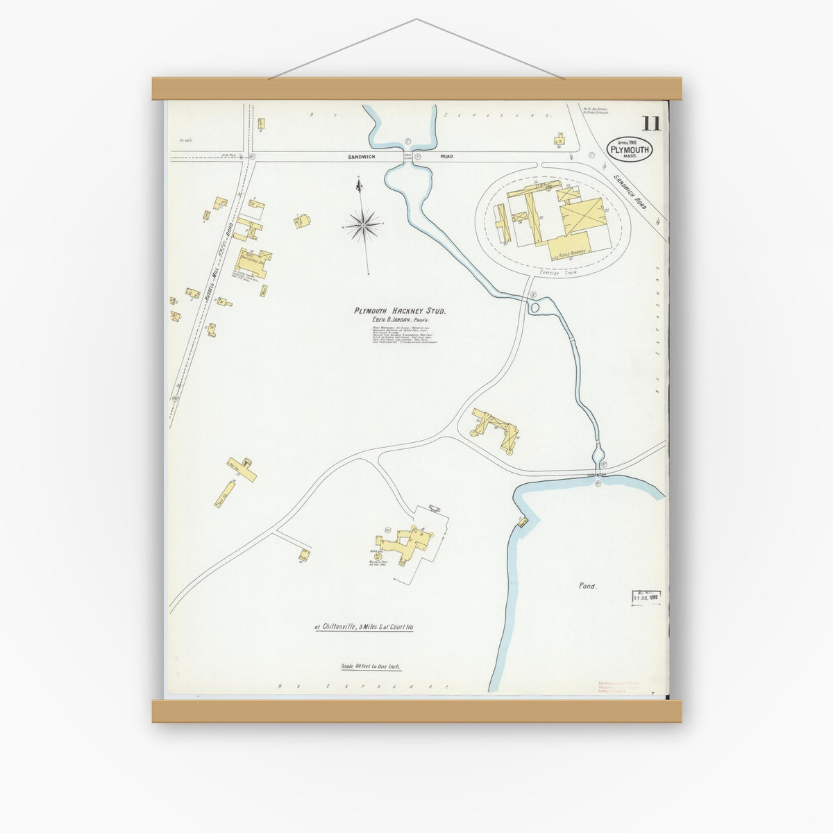 Old map wall art mockup — magnetic wood frame on white wall — Sanborn Fire Insurance Map from Plymouth, Plymouth County, Massachusetts (1901), Sheet #0011