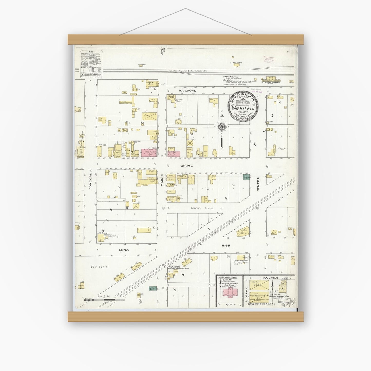 Old map wall art mockup — magnetic wood frame on white wall — Sanborn Fire Insurance Map from Wheatfield, Jasper County, Indiana (1909), Sheet #0001