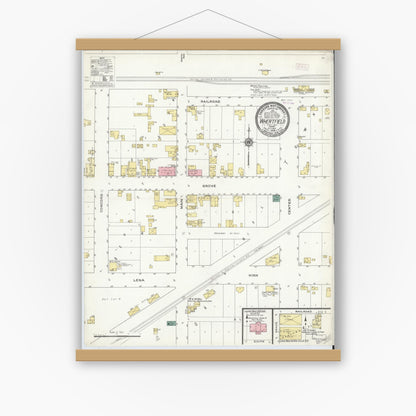 Old map wall art mockup — magnetic wood frame on white wall — Sanborn Fire Insurance Map from Wheatfield, Jasper County, Indiana (1909), Sheet #0001