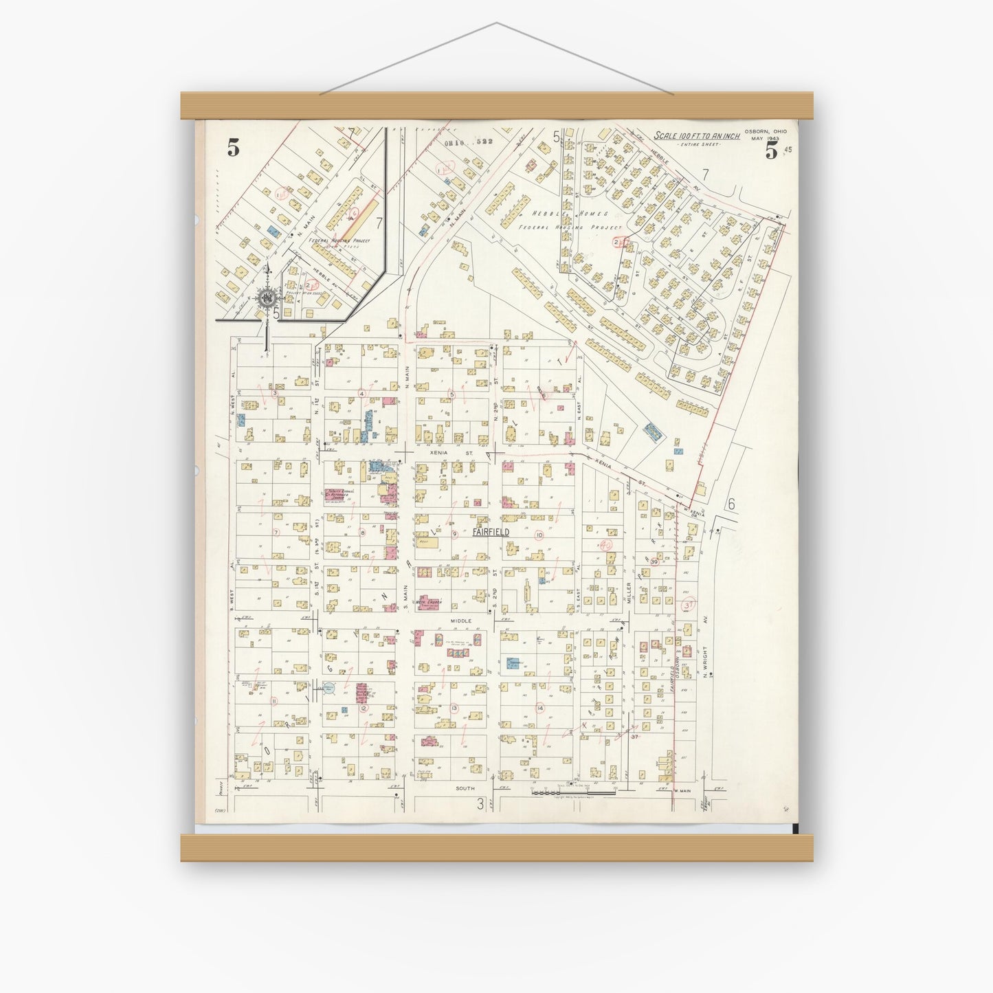 Old map wall art mockup — magnetic wood frame on white wall — Sanborn Fire Insurance Map from Osborn, Greene County, Ohio (1943), Sheet #0005