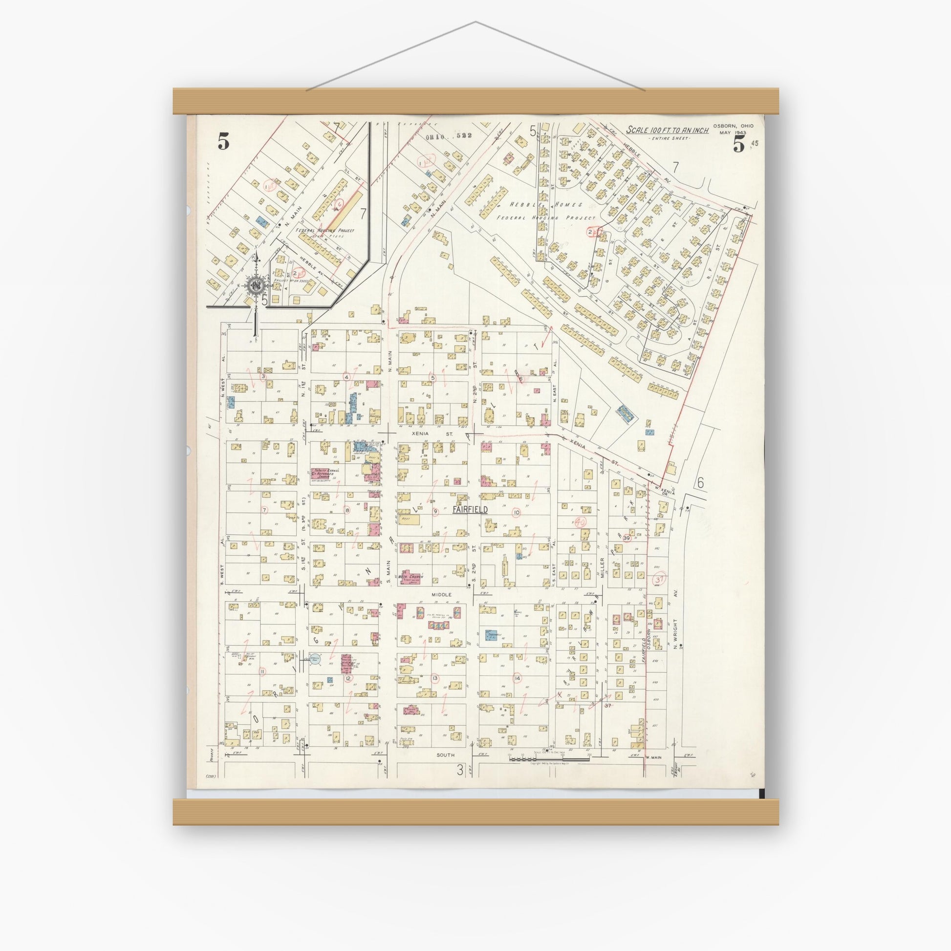 Old map wall art mockup — magnetic wood frame on white wall — Sanborn Fire Insurance Map from Osborn, Greene County, Ohio (1943), Sheet #0005