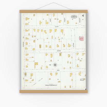 Old map wall art mockup — magnetic wood frame on white wall — Sanborn Fire Insurance Map from Commerce, Hunt County, Texas (1901), Sheet #0004
