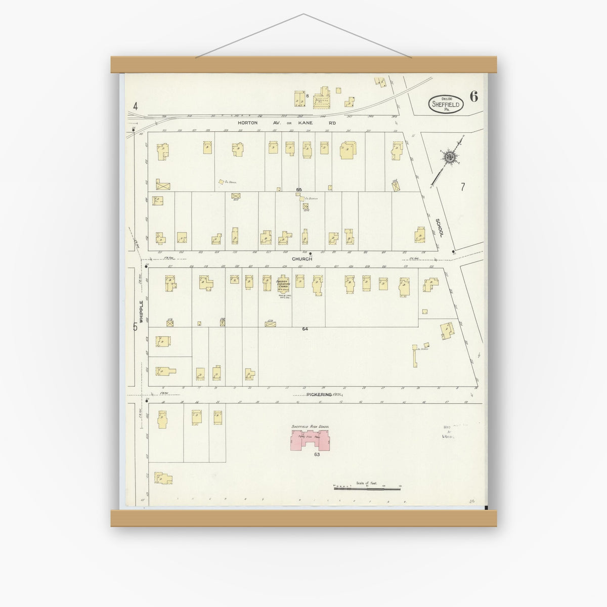 Old map wall art mockup — magnetic wood frame on white wall — Sanborn Fire Insurance Map from Sheffield, Warren County, Pennsylvania (1910), Sheet #0006