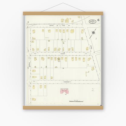 Old map wall art mockup — magnetic wood frame on white wall — Sanborn Fire Insurance Map from Sheffield, Warren County, Pennsylvania (1910), Sheet #0006
