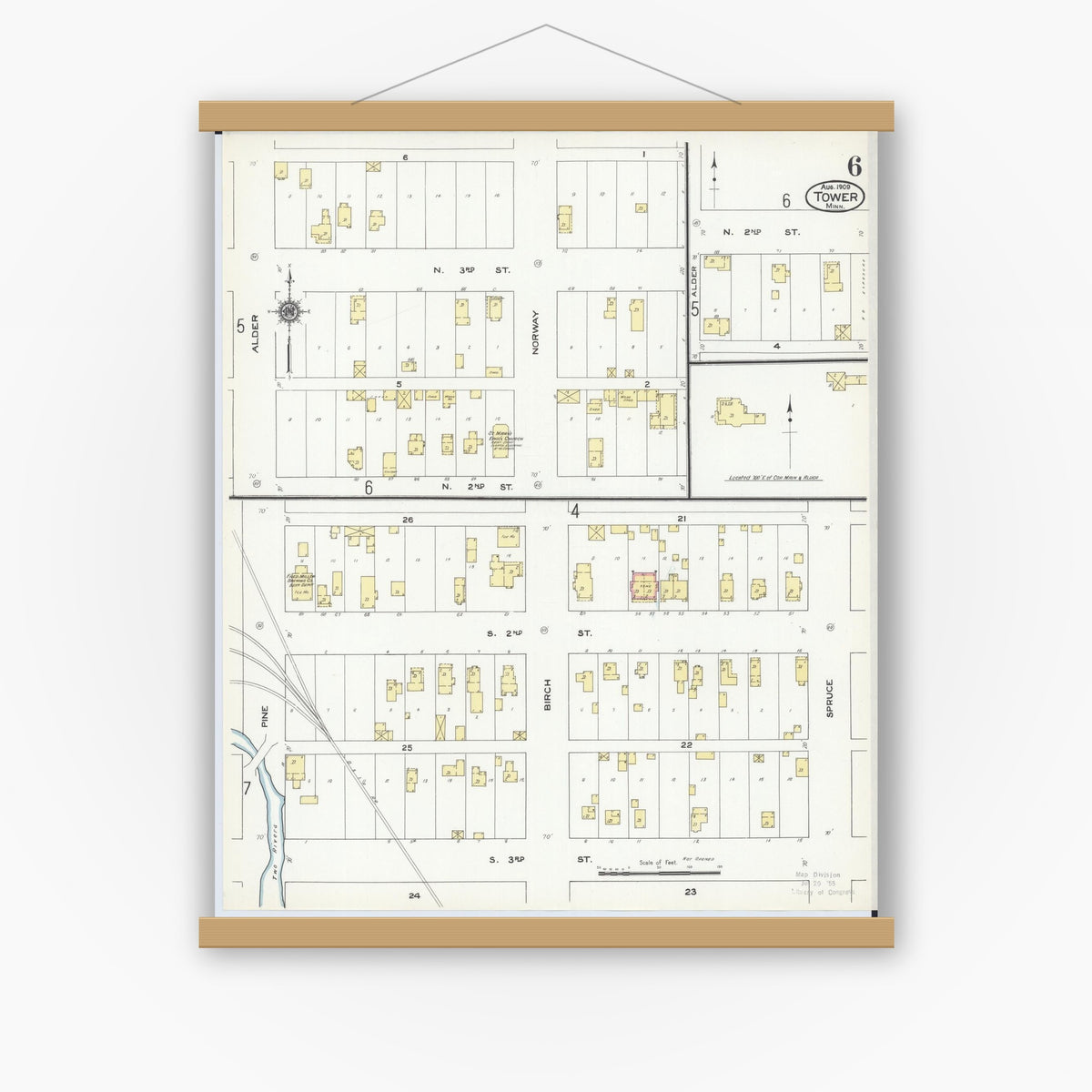 Old map wall art mockup — magnetic wood frame on white wall — Sanborn Fire Insurance Map from Tower, Saint Louis County, Minnesota (1909), Sheet #0006