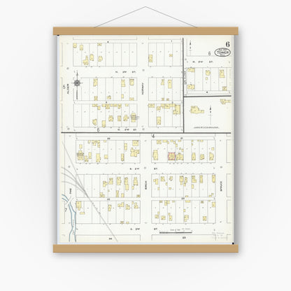 Old map wall art mockup — magnetic wood frame on white wall — Sanborn Fire Insurance Map from Tower, Saint Louis County, Minnesota (1909), Sheet #0006