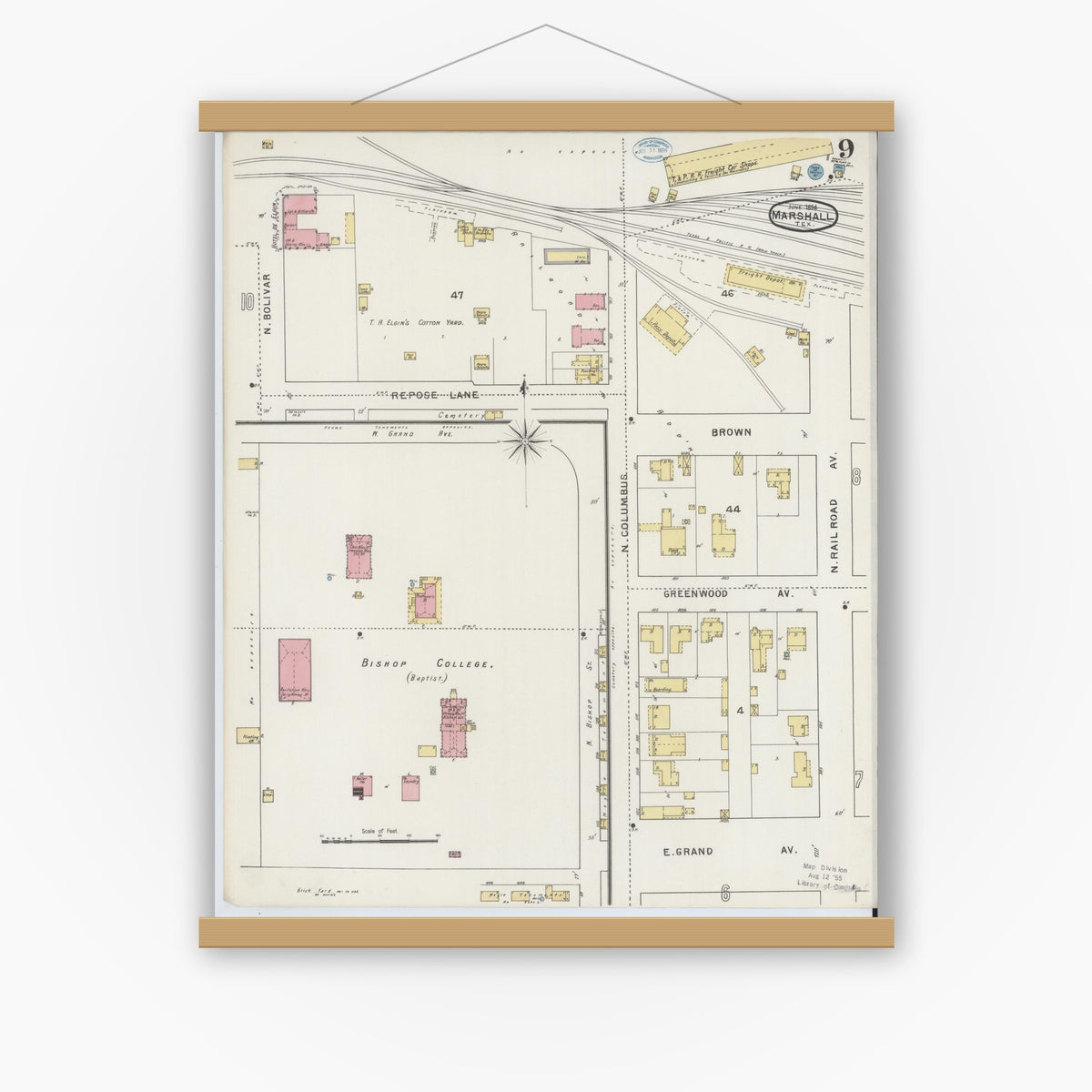 Old map wall art mockup — magnetic wood frame on white wall — Sanborn Fire Insurance Map from Marshall, Harrison County, Texas (1894), Sheet #0009