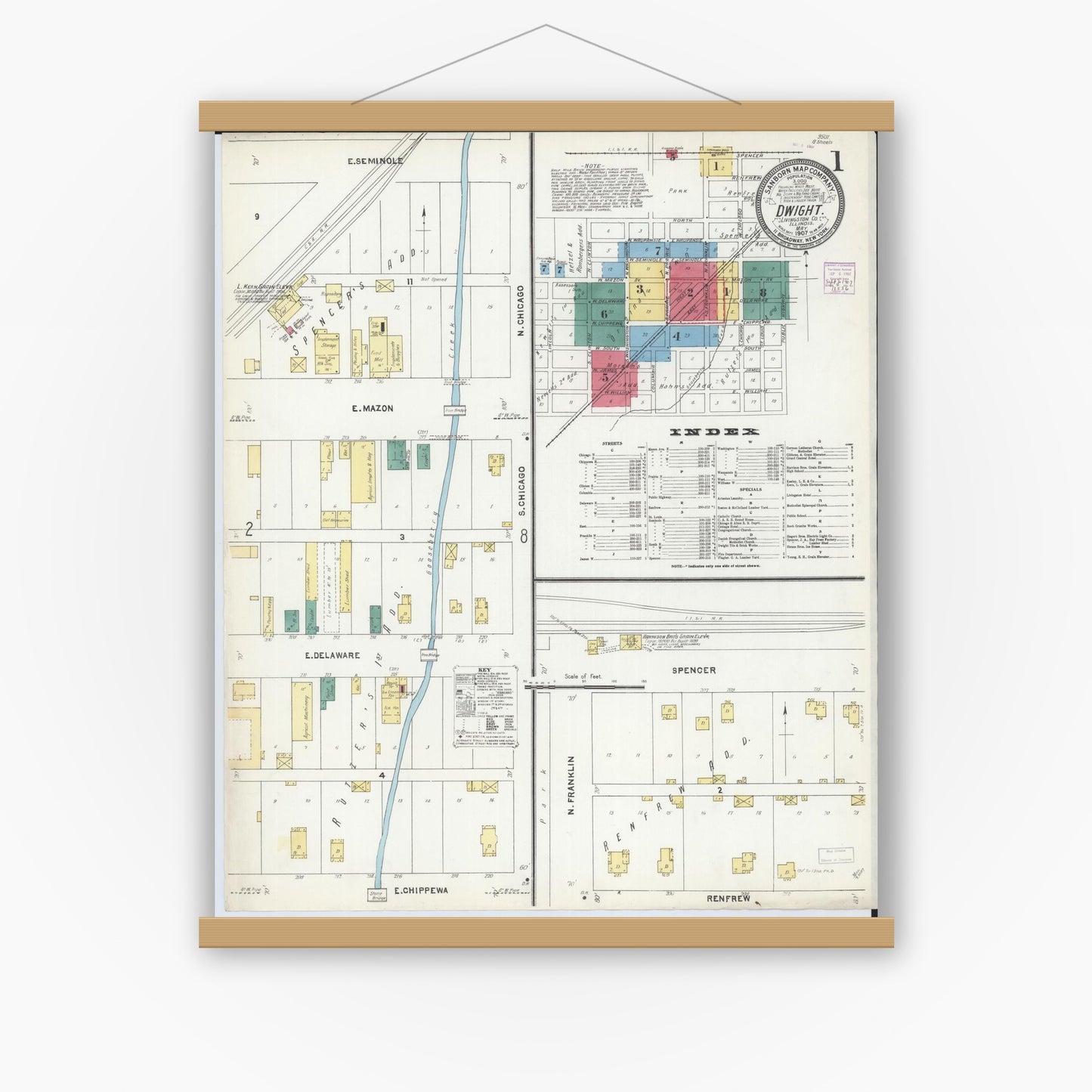 Old map wall art mockup — magnetic wood frame on white wall — Sanborn Fire Insurance Map from Dwight, Livingston County, Illinois (1907), Sheet #0001