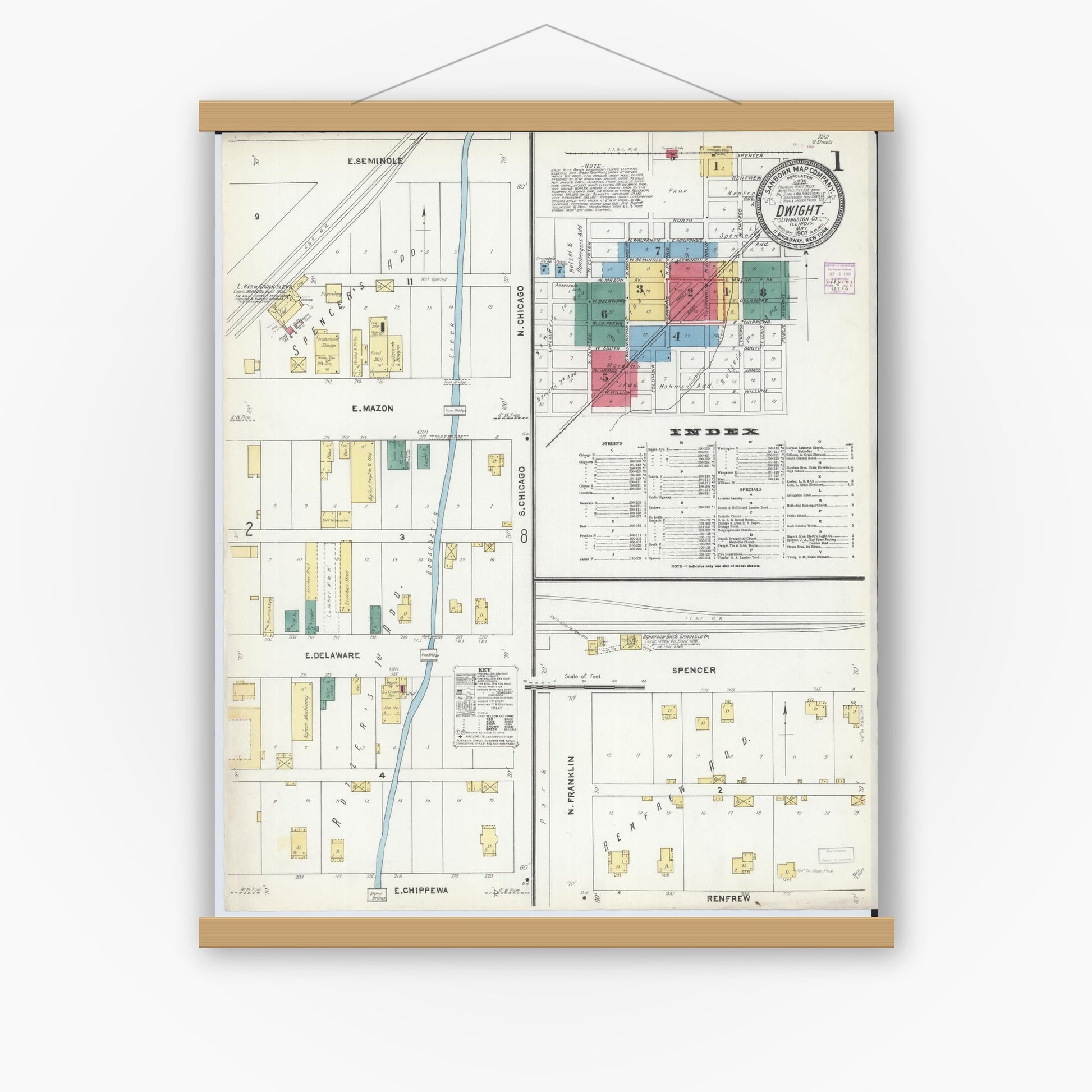 Old map wall art mockup — magnetic wood frame on white wall — Sanborn Fire Insurance Map from Dwight, Livingston County, Illinois (1907), Sheet #0001