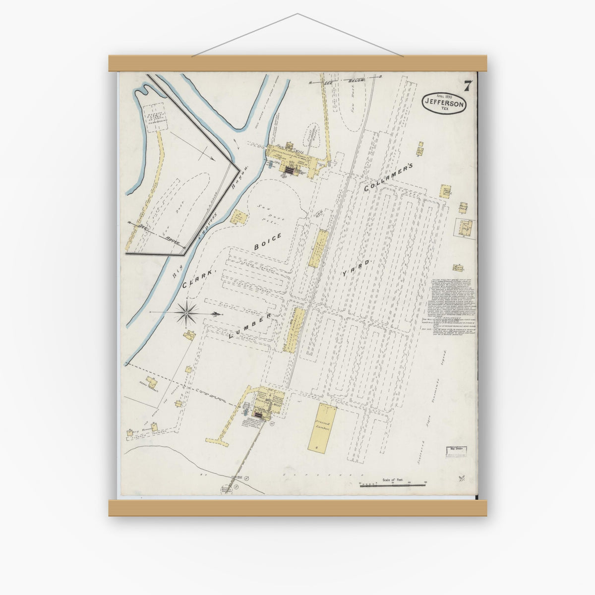 Old map wall art mockup — magnetic wood frame on white wall — Sanborn Fire Insurance Map from Jefferson, Marion County, Texas (1890), Sheet #0007