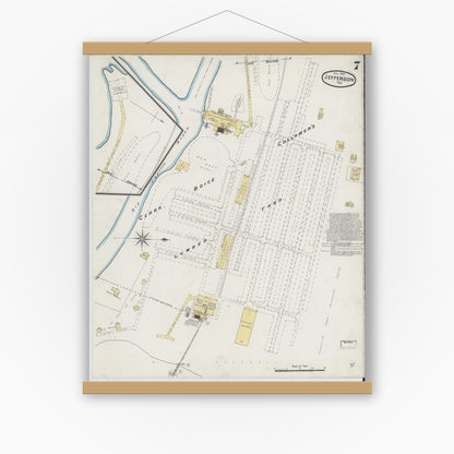 Old map wall art mockup — magnetic wood frame on white wall — Sanborn Fire Insurance Map from Jefferson, Marion County, Texas (1890), Sheet #0007