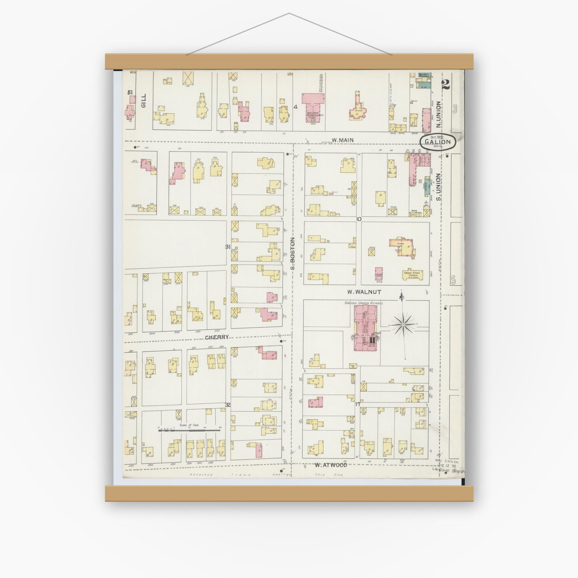Old map wall art mockup — magnetic wood frame on white wall — Sanborn Fire Insurance Map from Galion, Crawford County, Ohio (1892), Sheet #0002