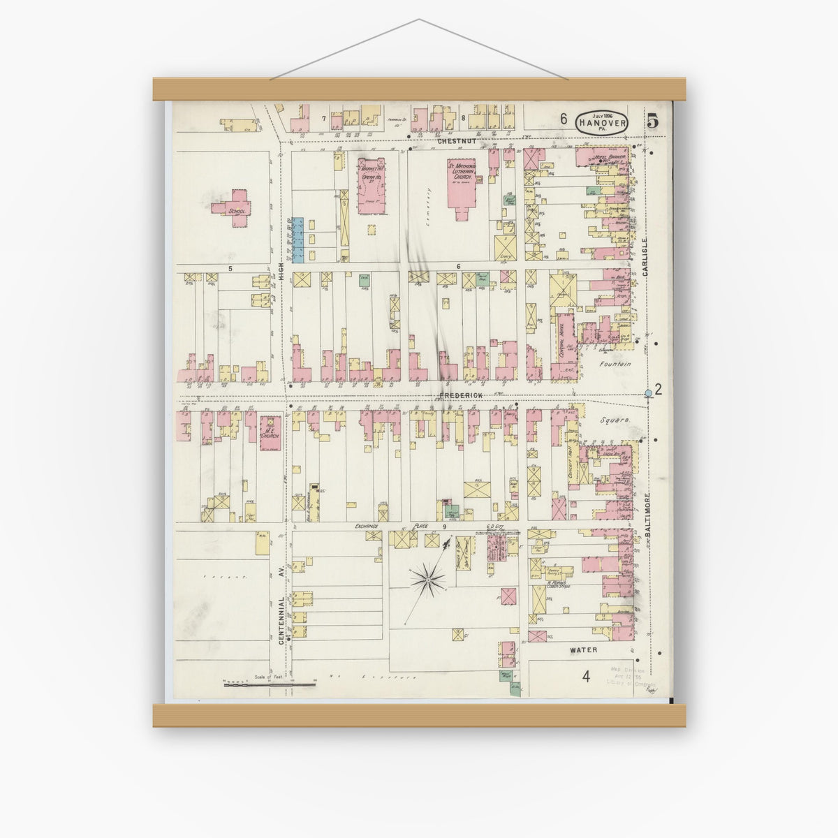 Old map wall art mockup — magnetic wood frame on white wall — Sanborn Fire Insurance Map from Hanover, York County, Pennsylvania (1896), Sheet #0005