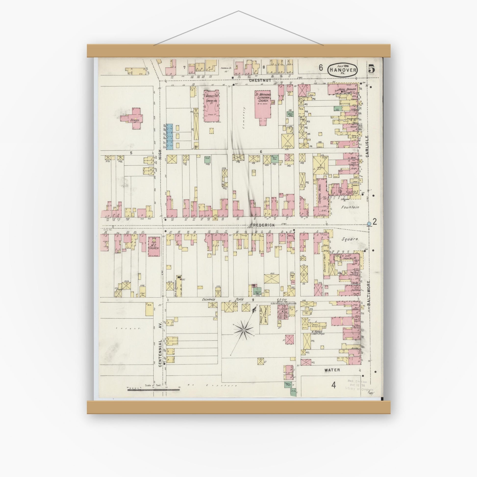 Old map wall art mockup — magnetic wood frame on white wall — Sanborn Fire Insurance Map from Hanover, York County, Pennsylvania (1896), Sheet #0005