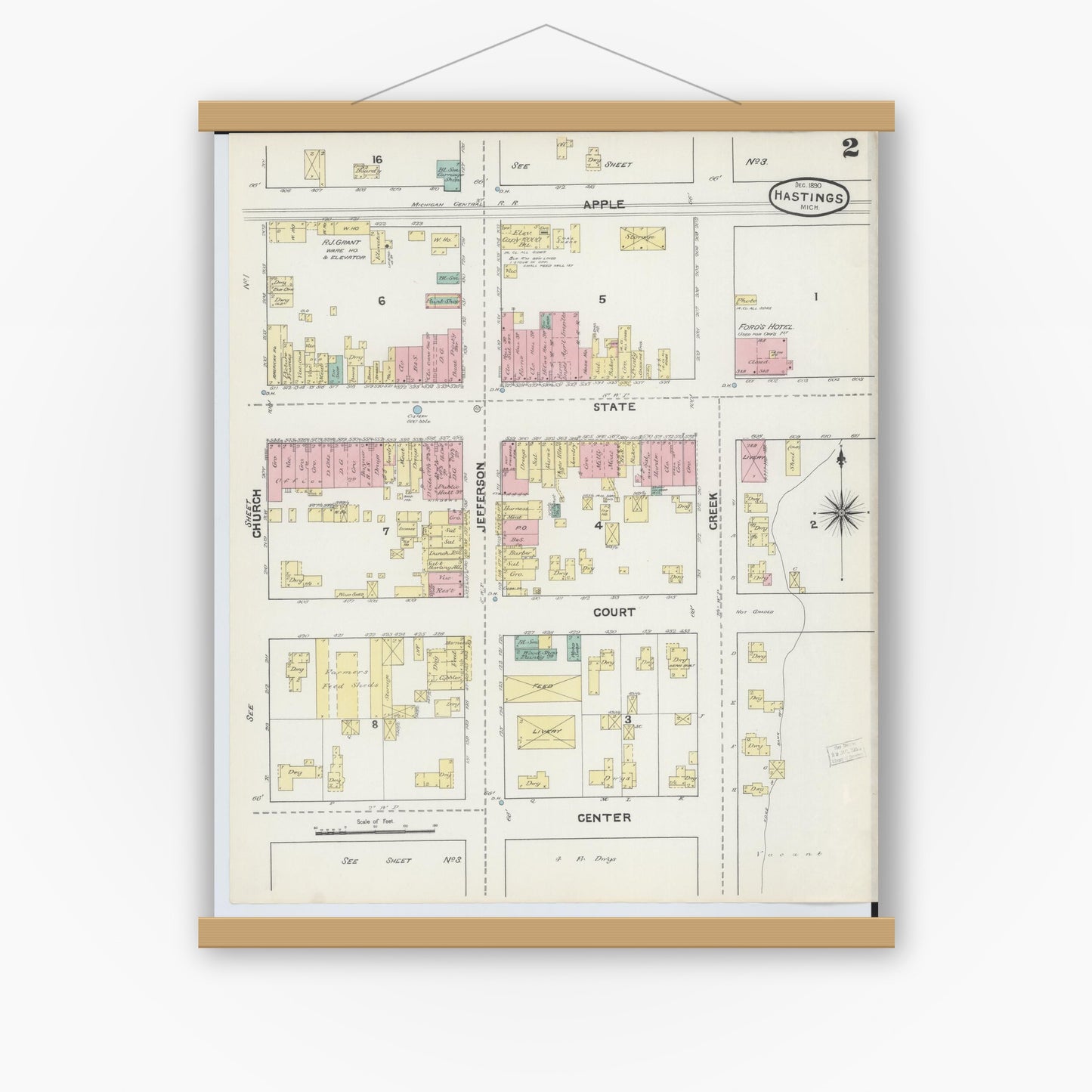 Old map wall art mockup — magnetic wood frame on white wall — Sanborn Fire Insurance Map from Hastings, Barry County, Michigan (1891), Sheet #0002