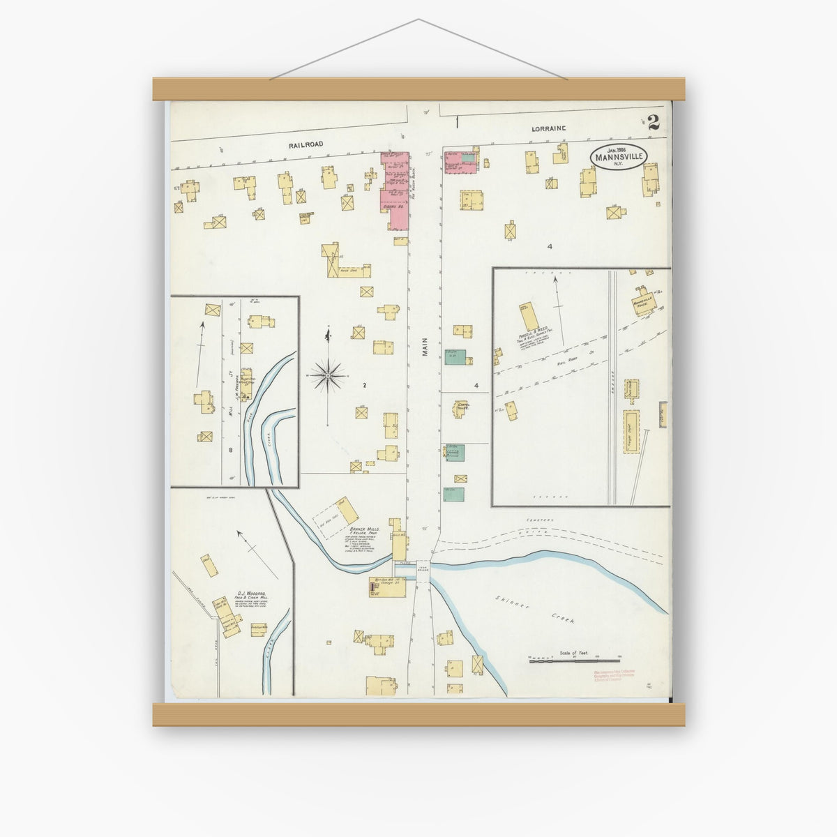 Old map wall art mockup — magnetic wood frame on white wall — Sanborn Fire Insurance Map from Mannsville, Jefferson County, New York (1906), Sheet #0002