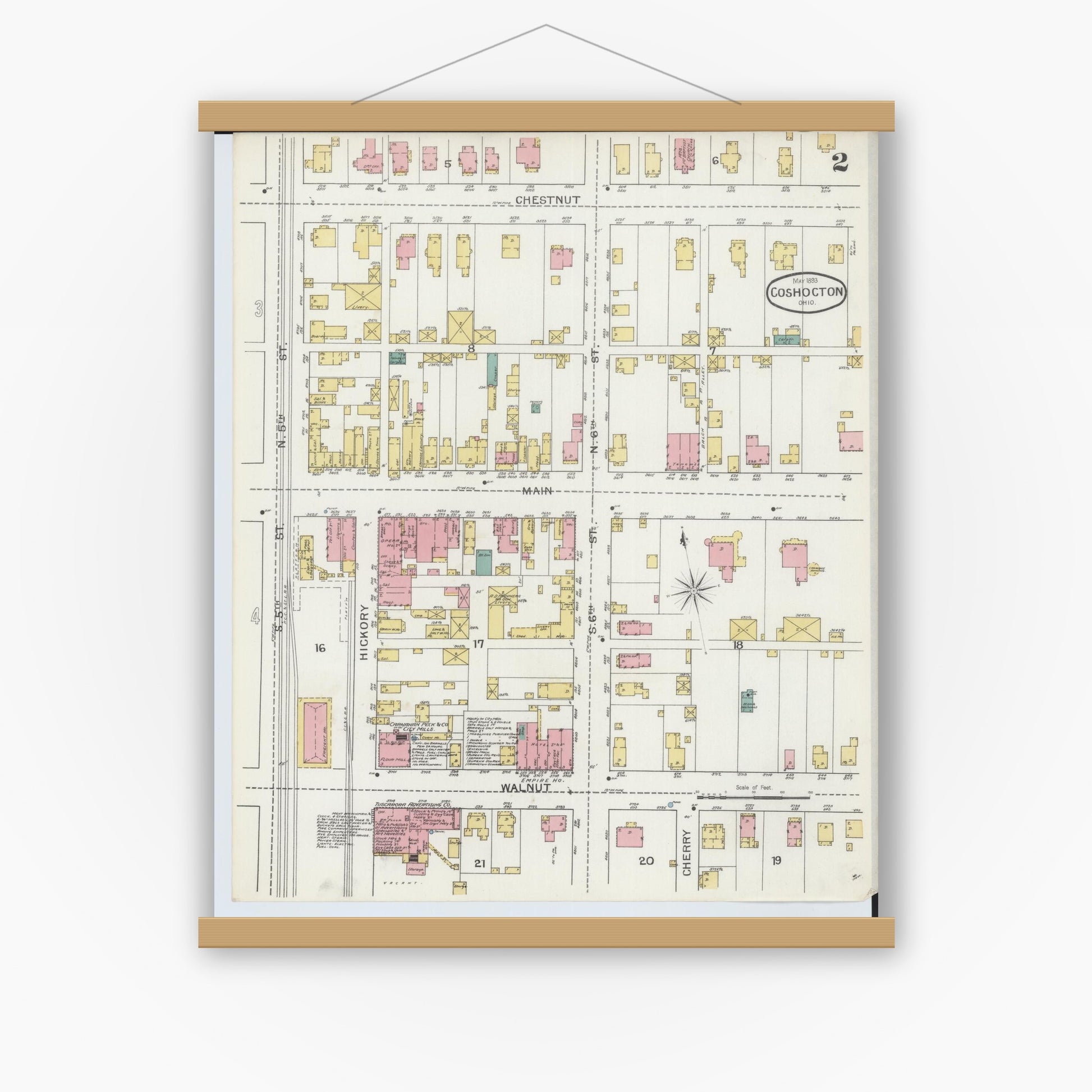 Old map wall art mockup — magnetic wood frame on white wall — Sanborn Fire Insurance Map from Coshocton, Coshocton County, Ohio (1893), Sheet #0002