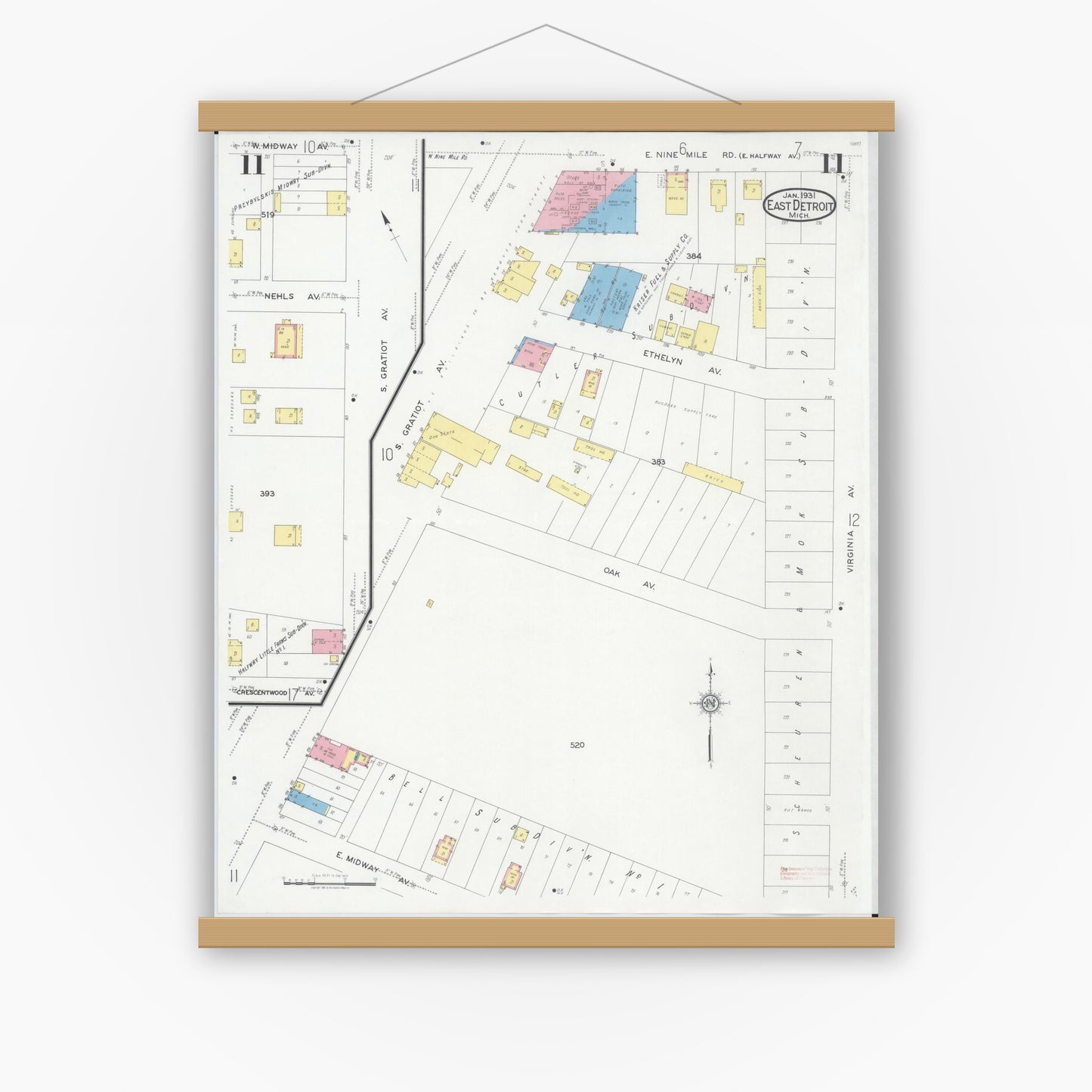 Old map wall art mockup — magnetic wood frame on white wall — Sanborn Fire Insurance Map from East Detroit, Macomb County, Michigan (1931), Sheet #0011