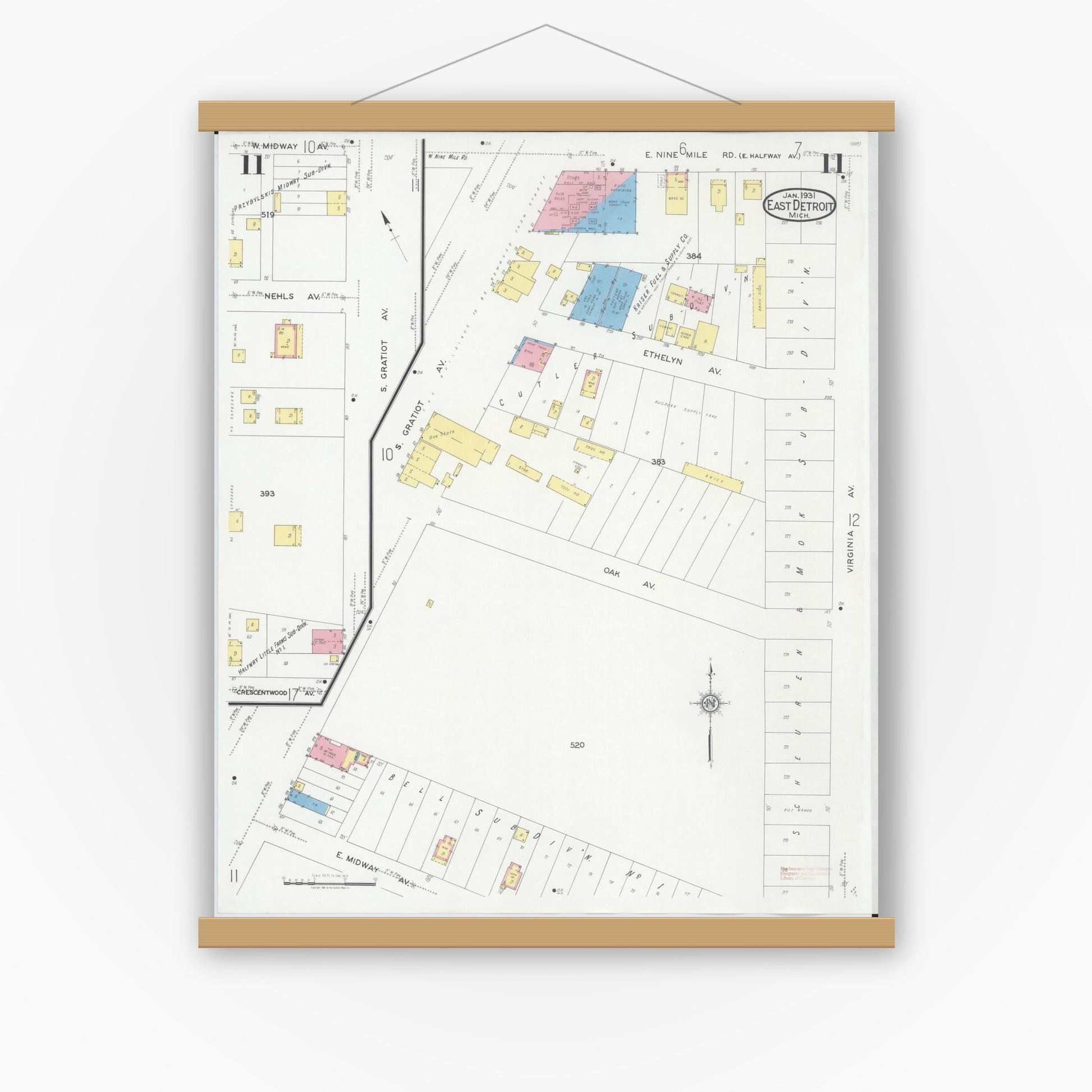 Old map wall art mockup — magnetic wood frame on white wall — Sanborn Fire Insurance Map from East Detroit, Macomb County, Michigan (1931), Sheet #0011