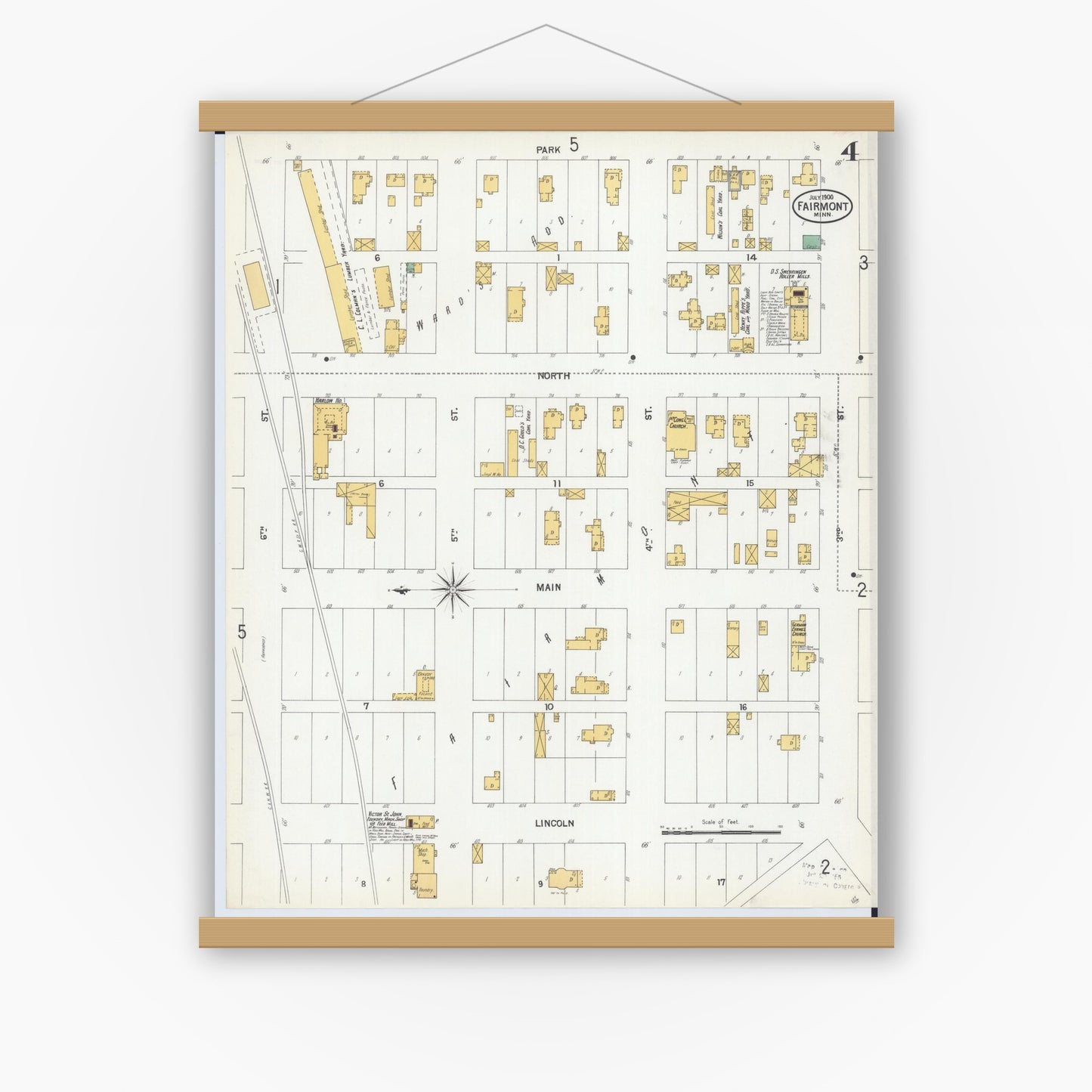 Old map wall art mockup — magnetic wood frame on white wall — Sanborn Fire Insurance Map from Fairmont, Martin County, Minnesota (1900), Sheet #0004