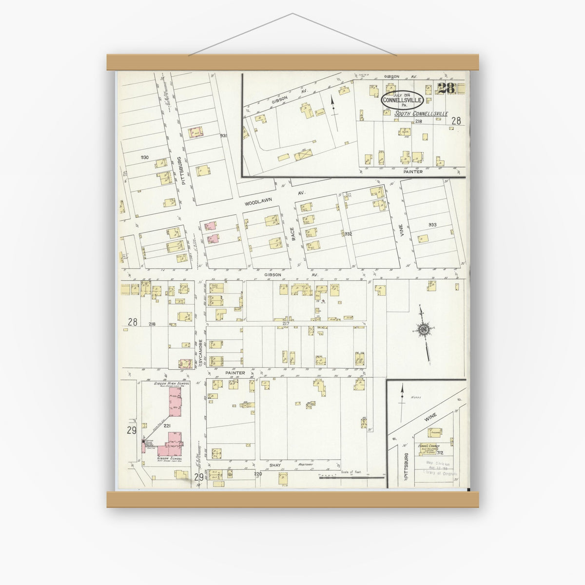 Old map wall art mockup — magnetic wood frame on white wall — Sanborn Fire Insurance Map from Connellsville, Fayette County, Pennsylvania (1914), Sheet #0028