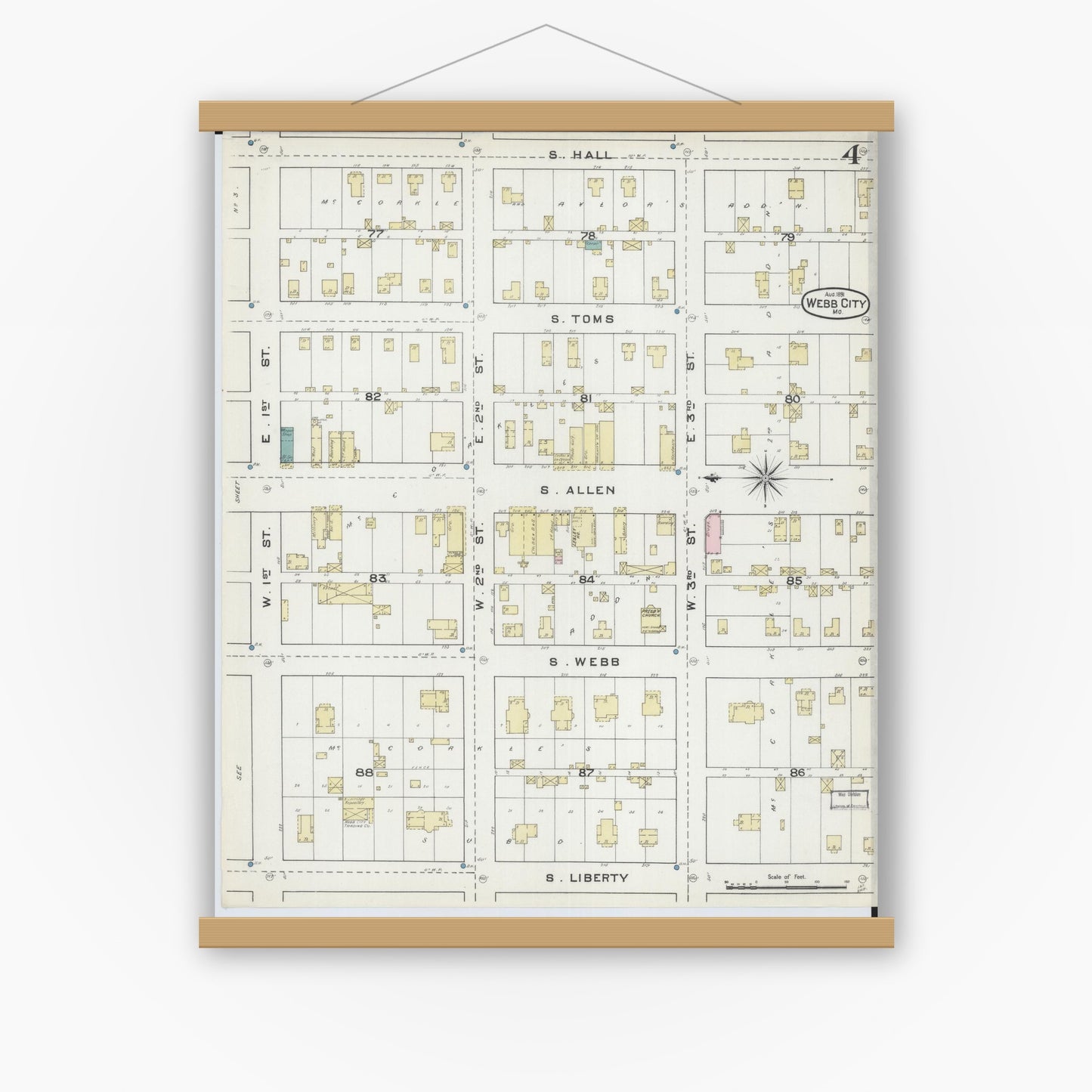 Old map wall art mockup — magnetic wood frame on white wall — Sanborn Fire Insurance Map from Webb City, Jasper County, Missouri (1891), Sheet #0004