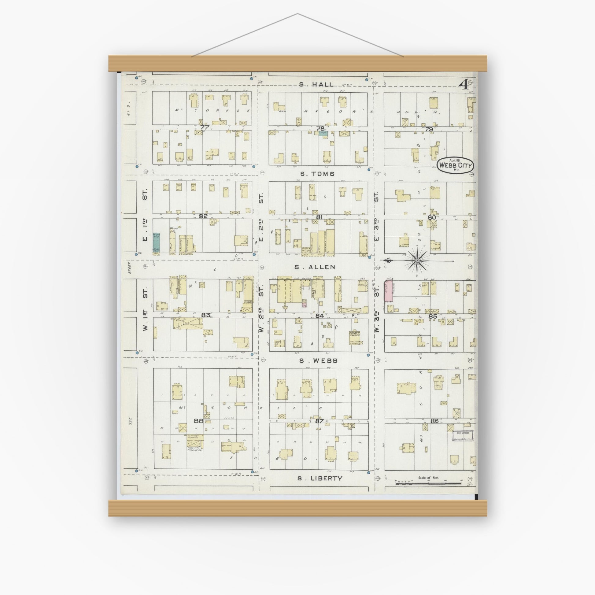 Old map wall art mockup — magnetic wood frame on white wall — Sanborn Fire Insurance Map from Webb City, Jasper County, Missouri (1891), Sheet #0004