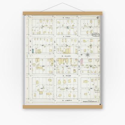 Old map wall art mockup — magnetic wood frame on white wall — Sanborn Fire Insurance Map from Webb City, Jasper County, Missouri (1891), Sheet #0004