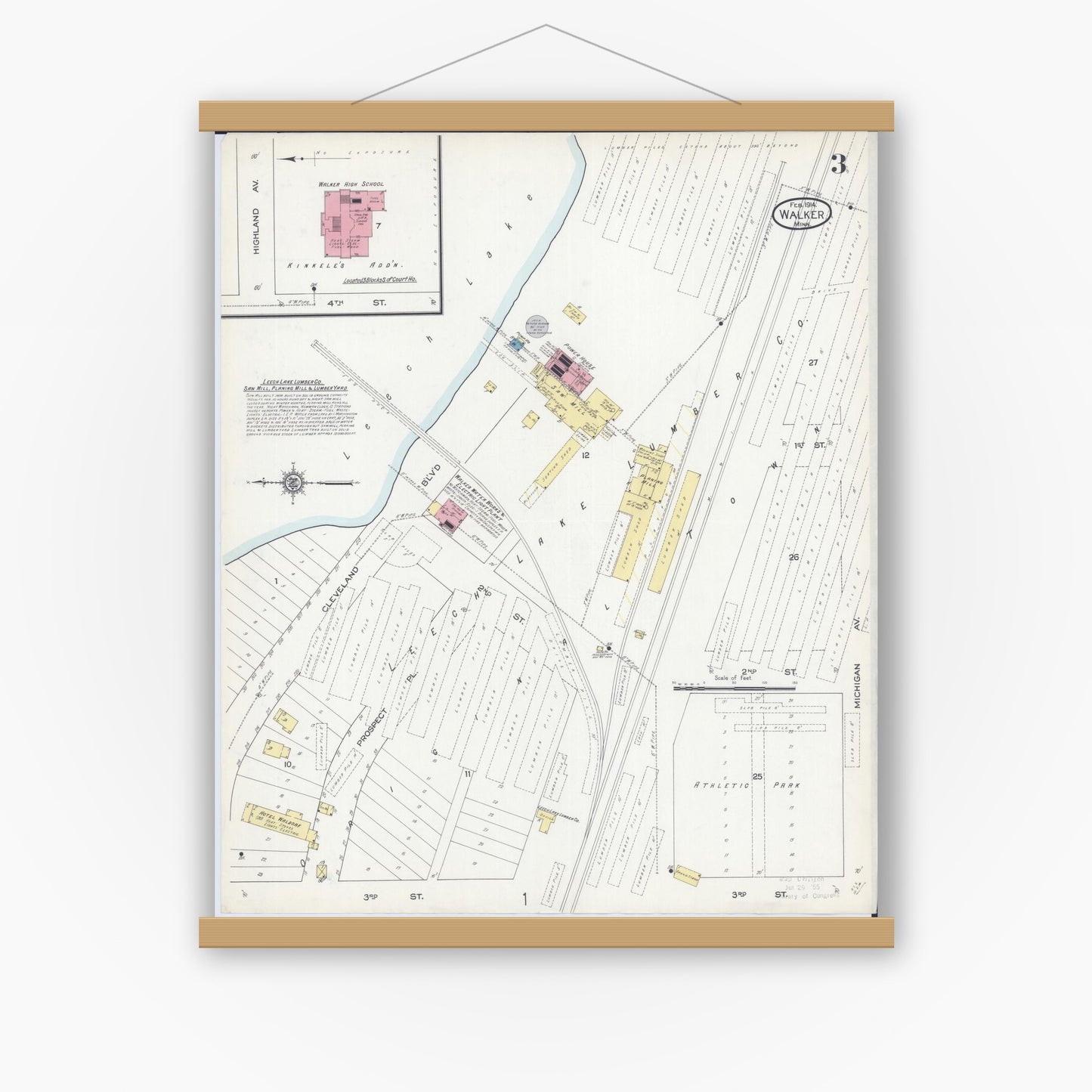 Old map wall art mockup — magnetic wood frame on white wall — Sanborn Fire Insurance Map from Walker, Cass County, Minnesota (1914), Sheet #0003