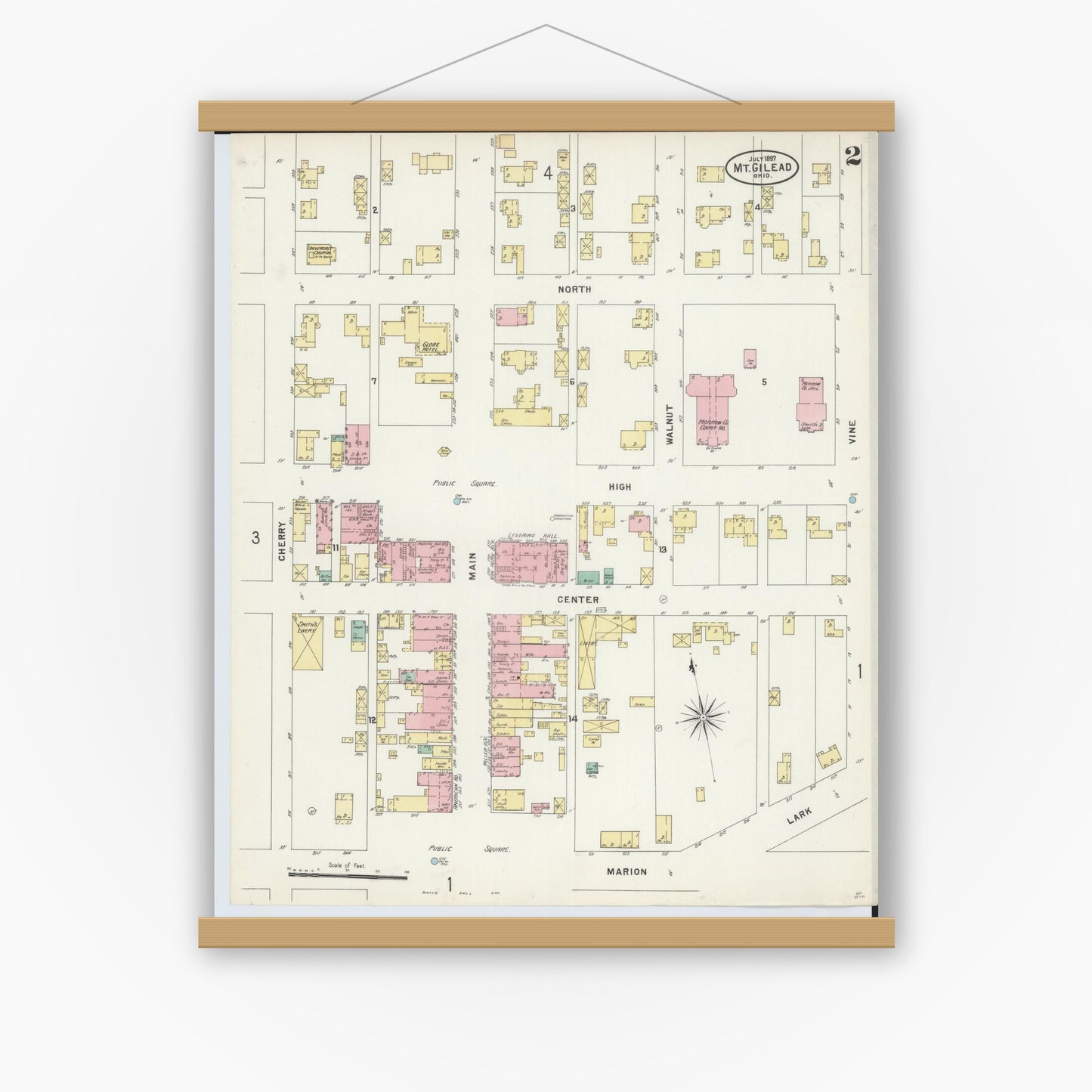 Old map wall art mockup — magnetic wood frame on white wall — Sanborn Fire Insurance Map from Mount Gilead, Morrow County, Ohio (1897), Sheet #0002