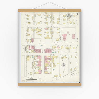 Old map wall art mockup — magnetic wood frame on white wall — Sanborn Fire Insurance Map from Mount Gilead, Morrow County, Ohio (1897), Sheet #0002