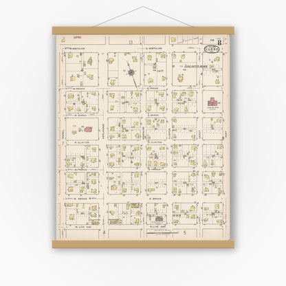 Old map wall art mockup — magnetic wood frame on white wall — Sanborn Fire Insurance Map from Cuero, De Witt County, Texas (1922), Sheet #0008