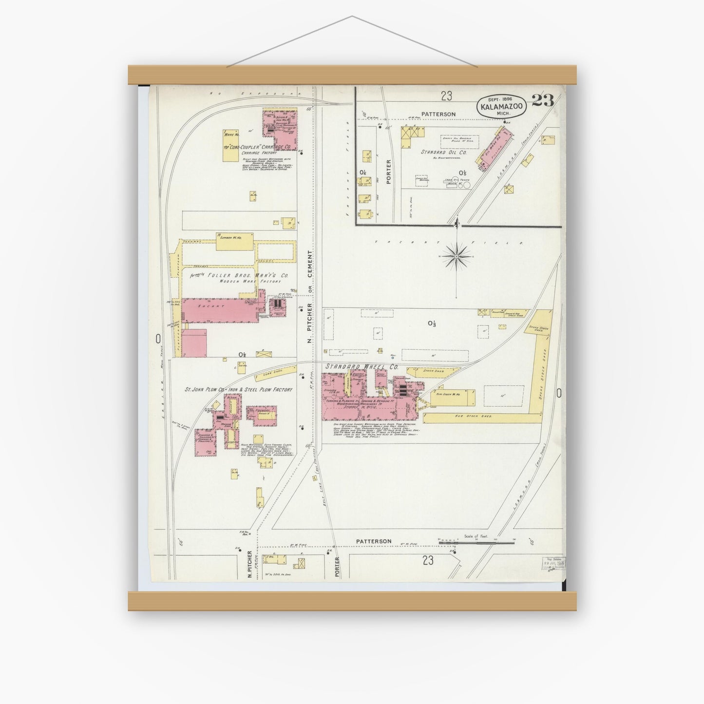 Old map wall art mockup — magnetic wood frame on white wall — Sanborn Fire Insurance Map from Kalamazoo, Kalamazoo County, Michigan (1896), Sheet #0023